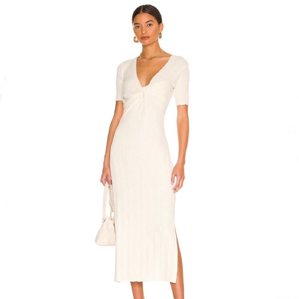 FRAME REVOLVE BEIGE TWIST-FRONT RIBBED MIDI DRESS